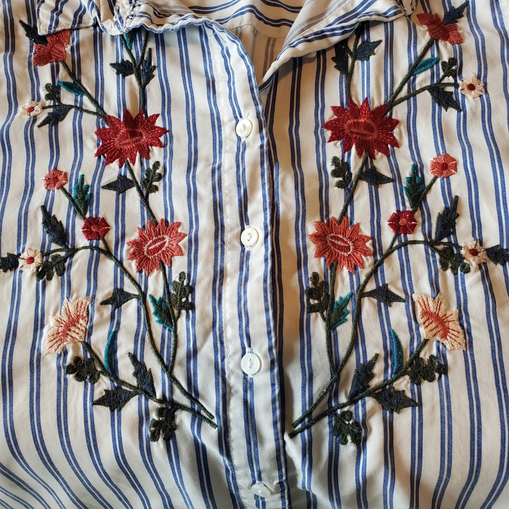 Terre Bleue Women Large Blue White Striped Floral Embroidered Shirt Dress Pocket